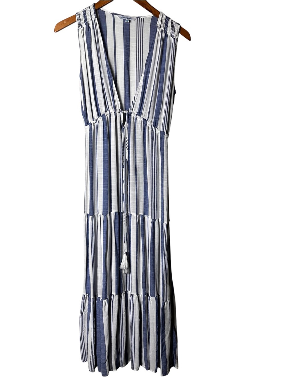 Blue Island Blue & White Striped Deep Vee Small Women’s Tie-Front Maxi Dress - Picture 2 of 7